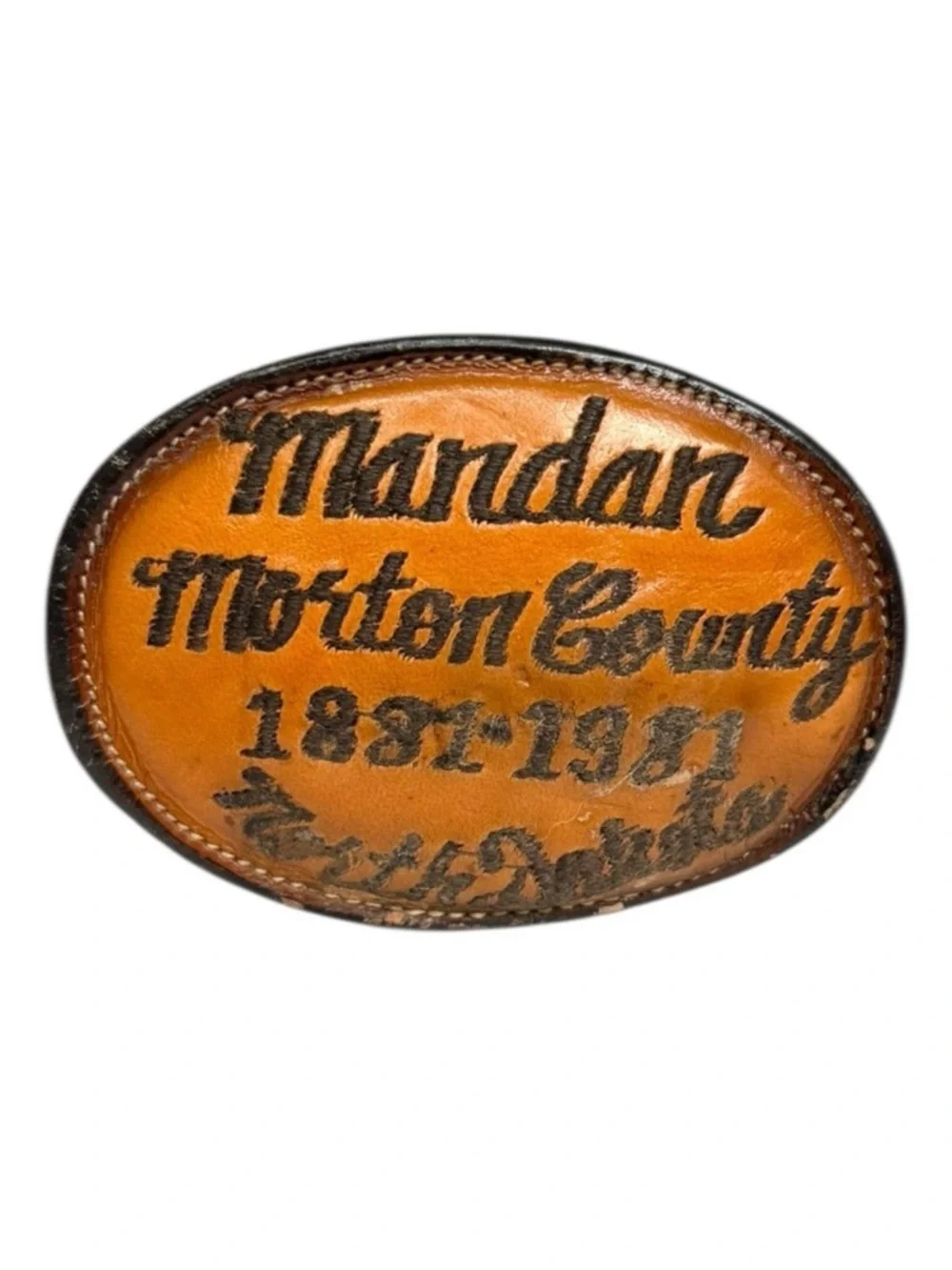 Vintage Tony Lama Mandan County North Dakota Leather Belt Buckle USA Western
